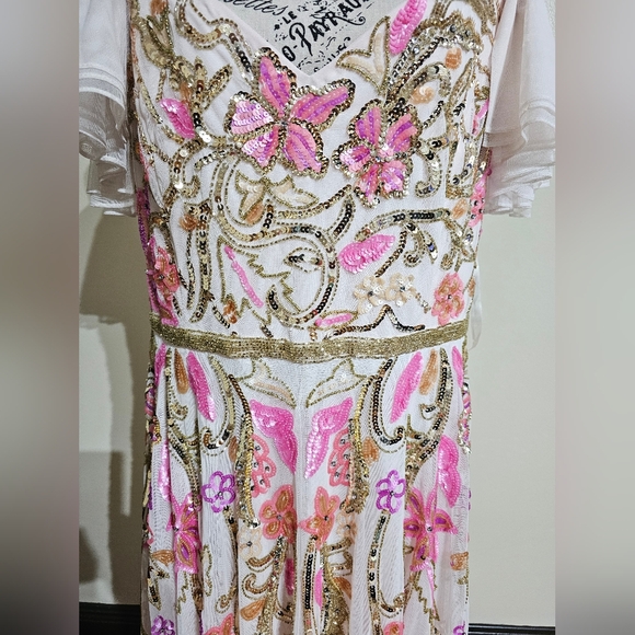 Mac Duggal V Neck Floral Embellished Gown with Flutter Sleeves - Picture 5 of 16